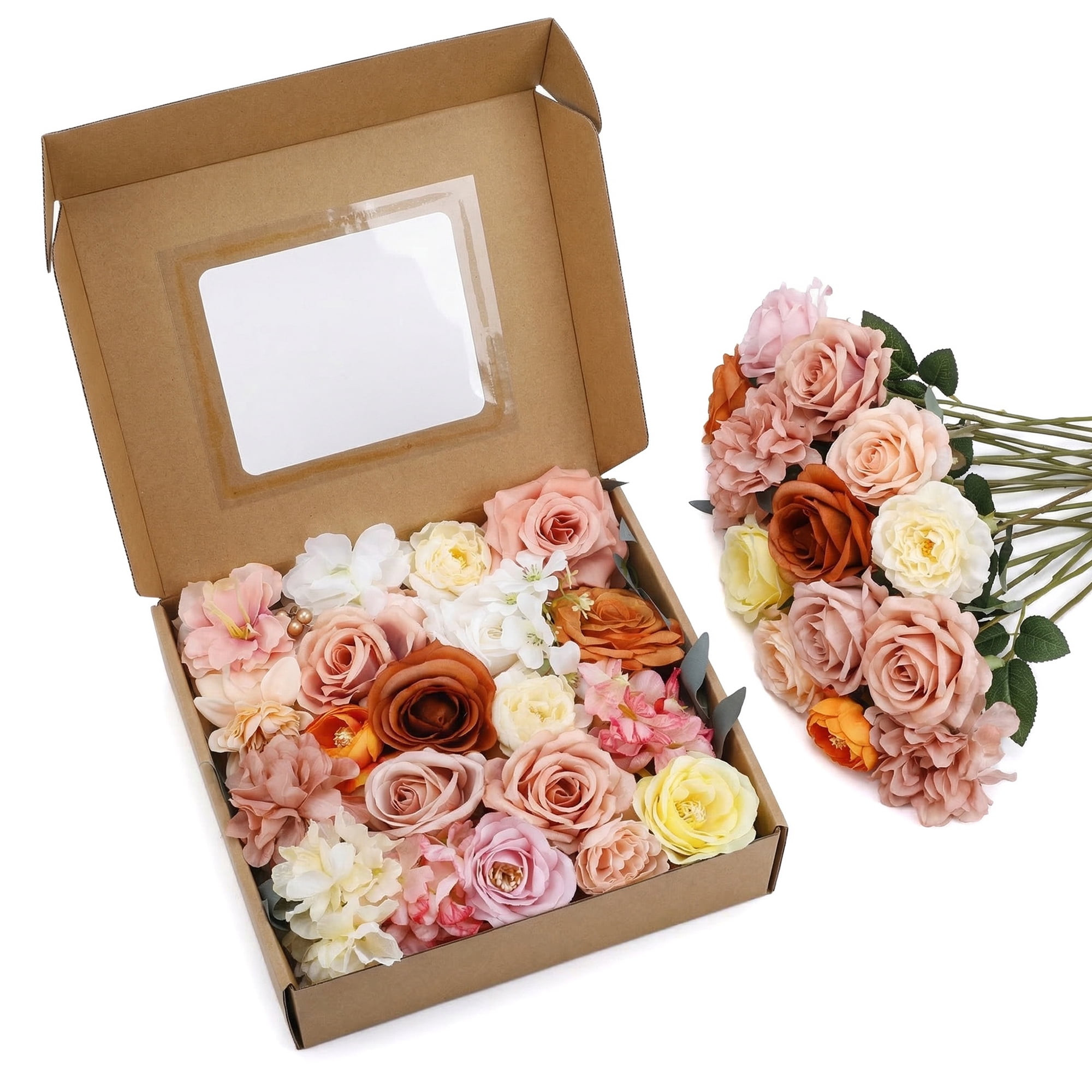 Unique Bargains Artificial Flowers Combo Box Set Orange Tones 9.8"