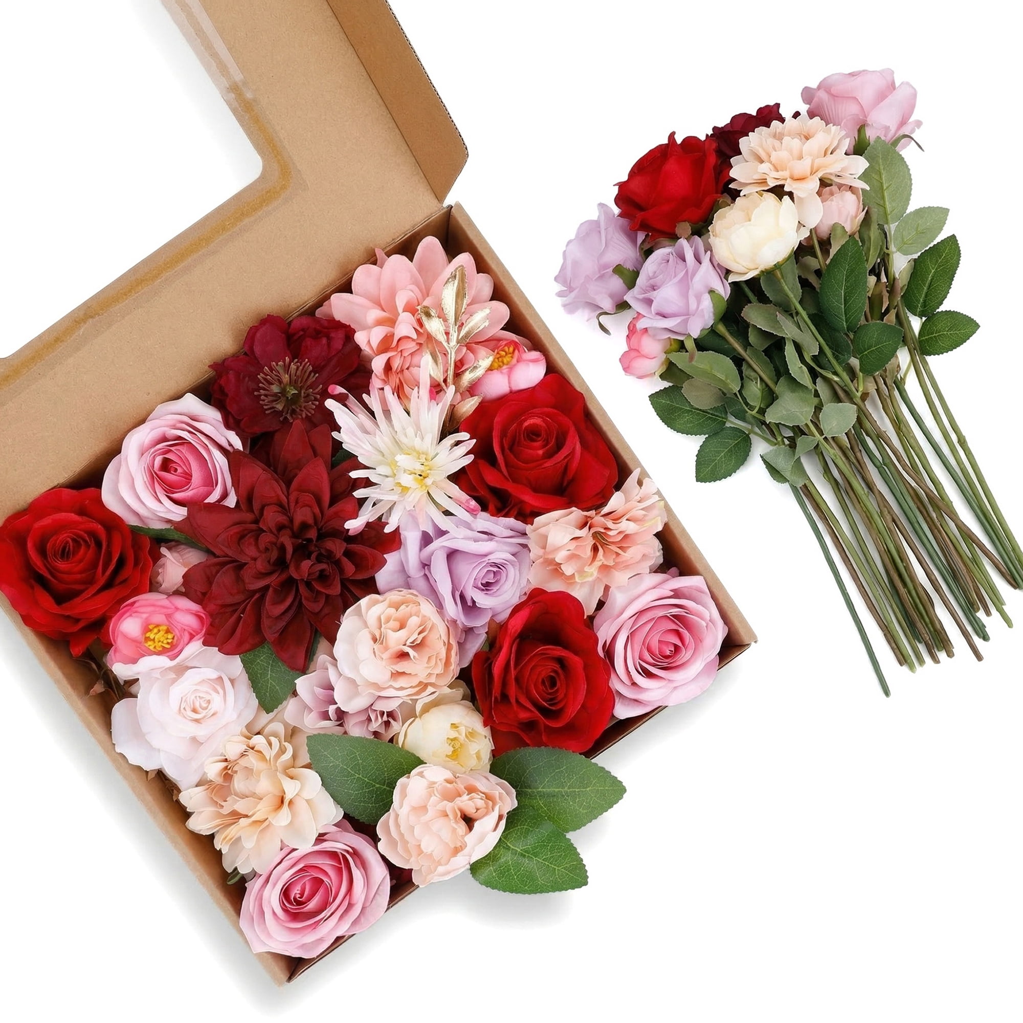 Unique Bargains Artificial Flowers Combo Box Set Red Tones 9.8"