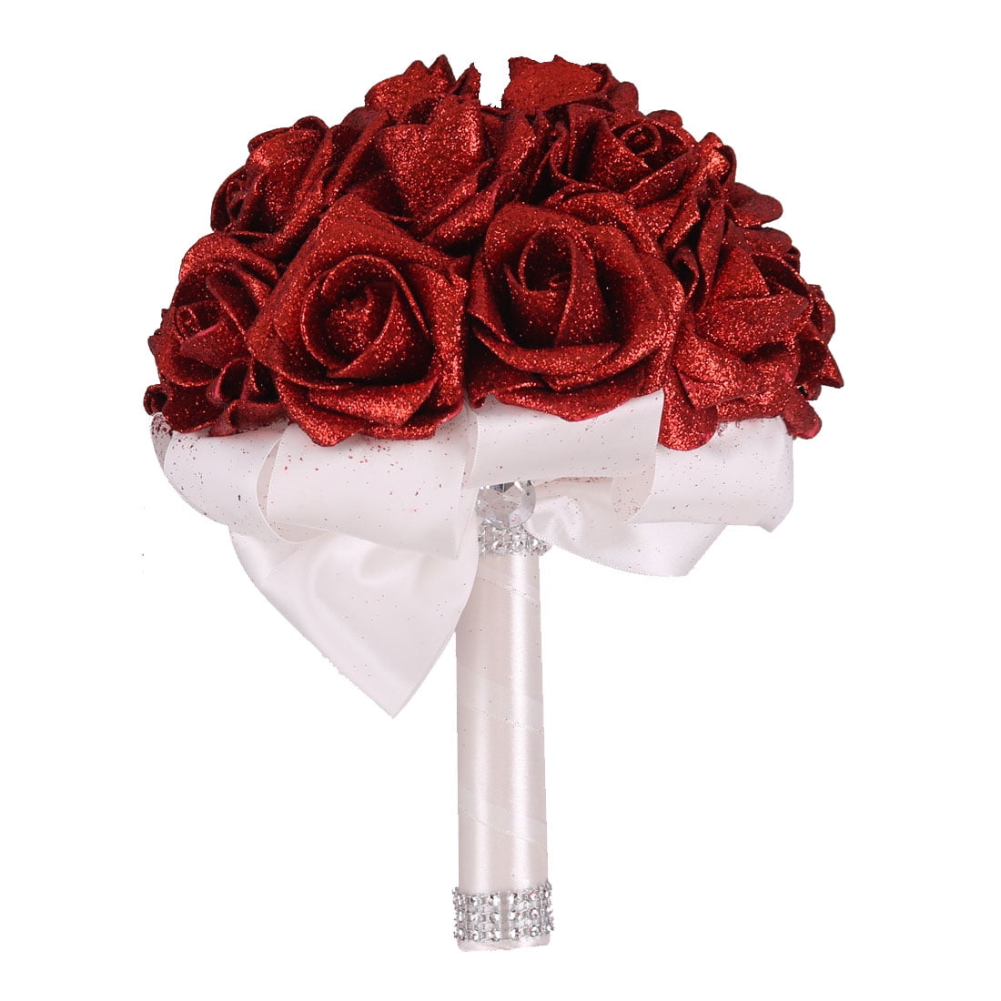 Unique Bargains Artificial Wedding Rose Bouquet Foam Handhold Glitter Craft Flower Decor Red