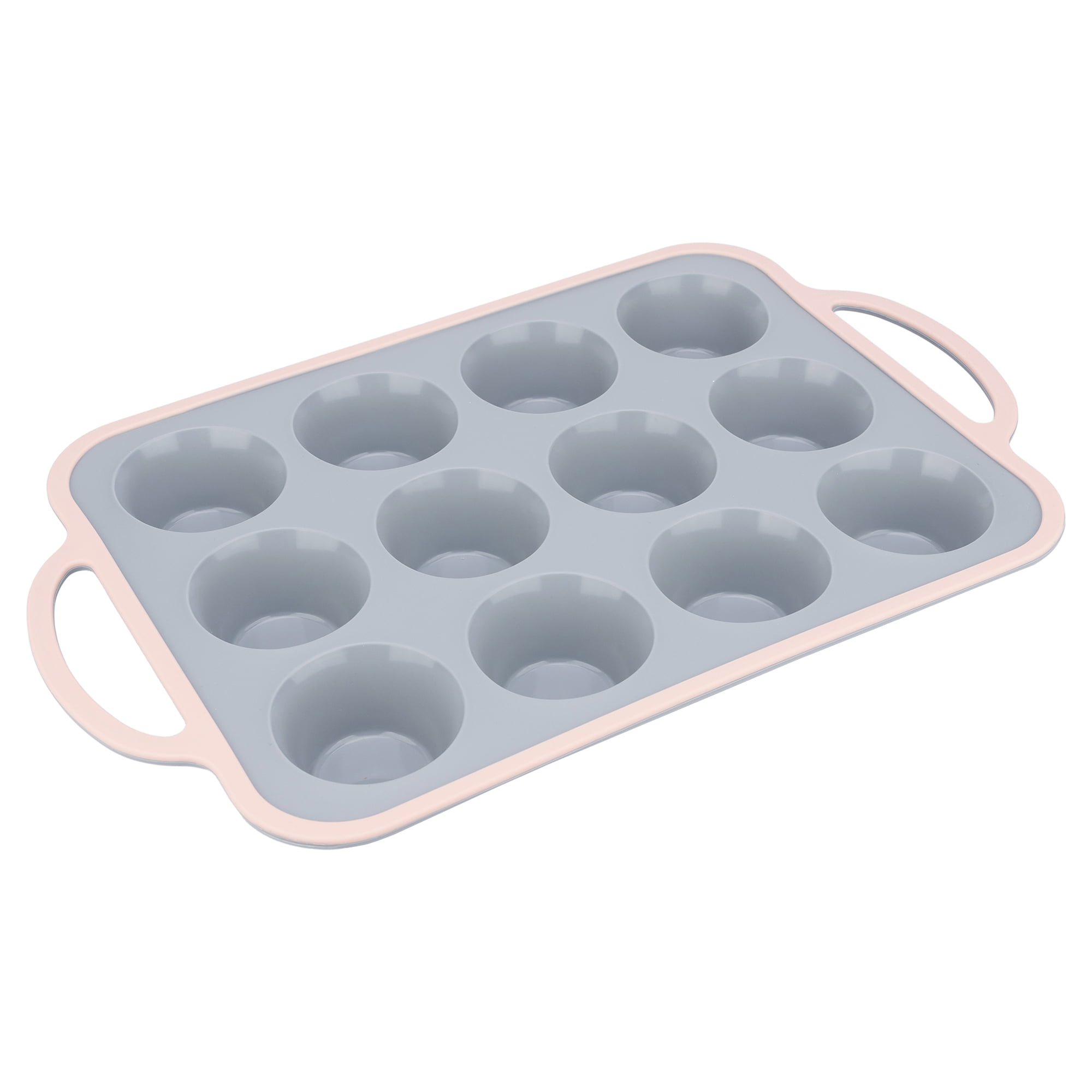 Unique Bargains Baking Pan 12-Cup Nonstick Silicone Tray with Dual Handles Gray/Pink 14.8"x8.9"x1.3"