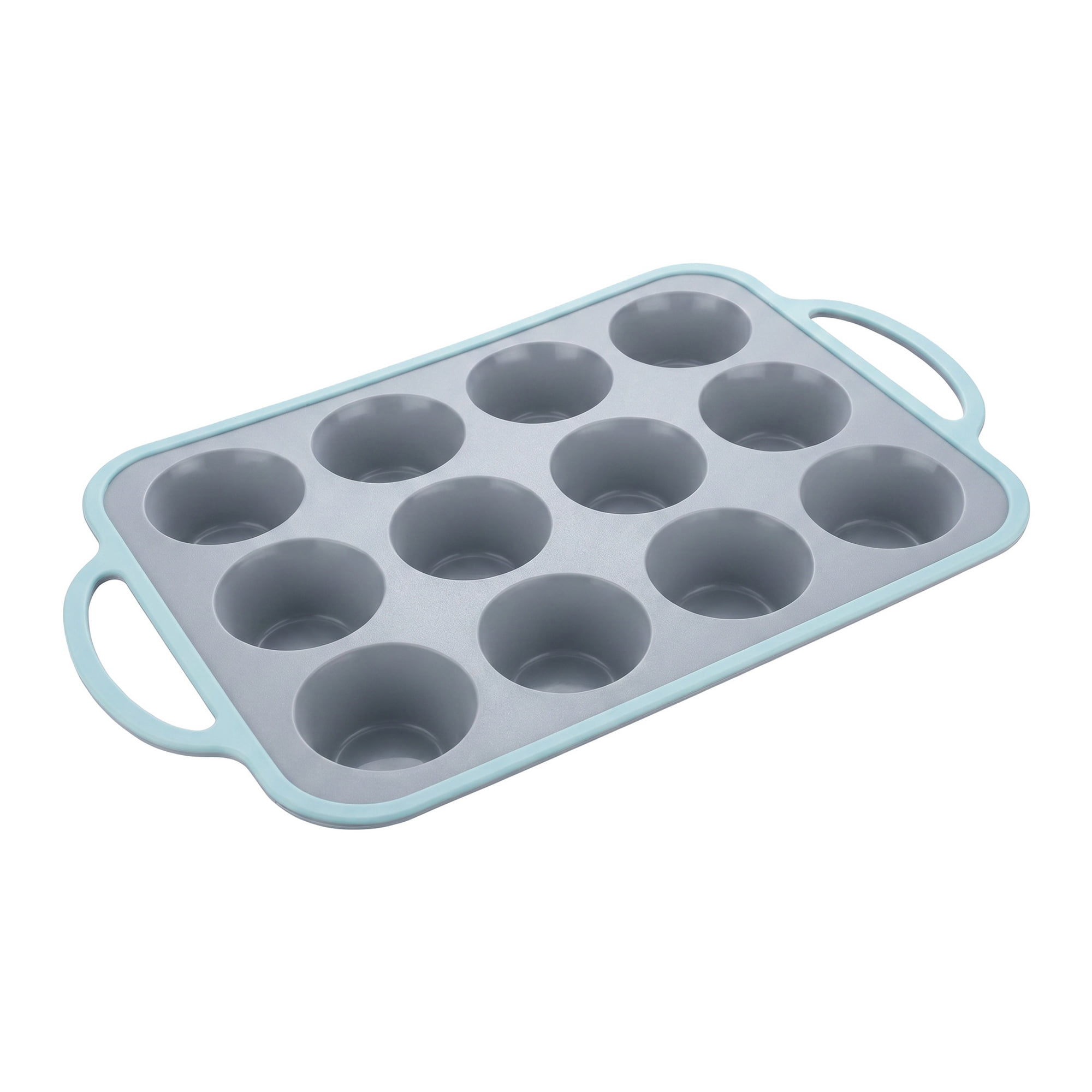 Unique Bargains Baking Pan 12-Cup Silicone Tray with Handles Gray/Green 14.8"x8.9"x1.3"