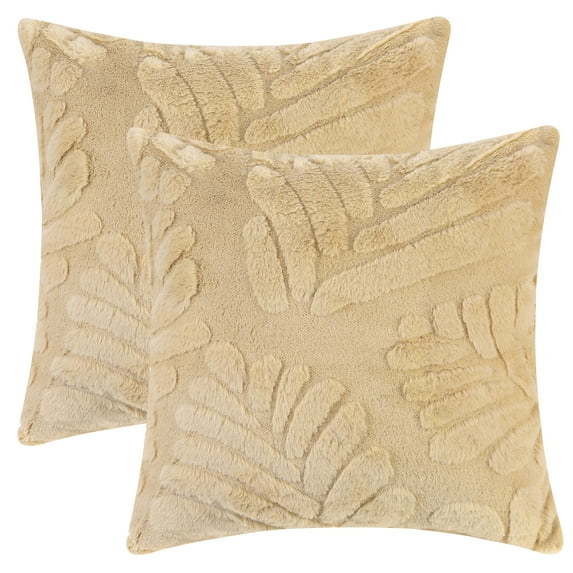 Unique Bargains Basho Leaf Pattern Cushion Covers Solid Fluffy Plush Pillow Covers 2 Pcs Khaki 18" x 18"