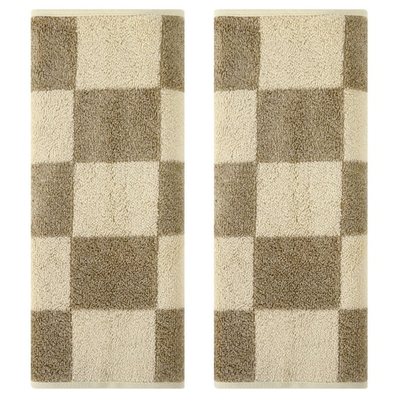 Unique Bargains Bathroom Checkered Decorative Hand Towel Set 14" x 28" Brown 2-Piece