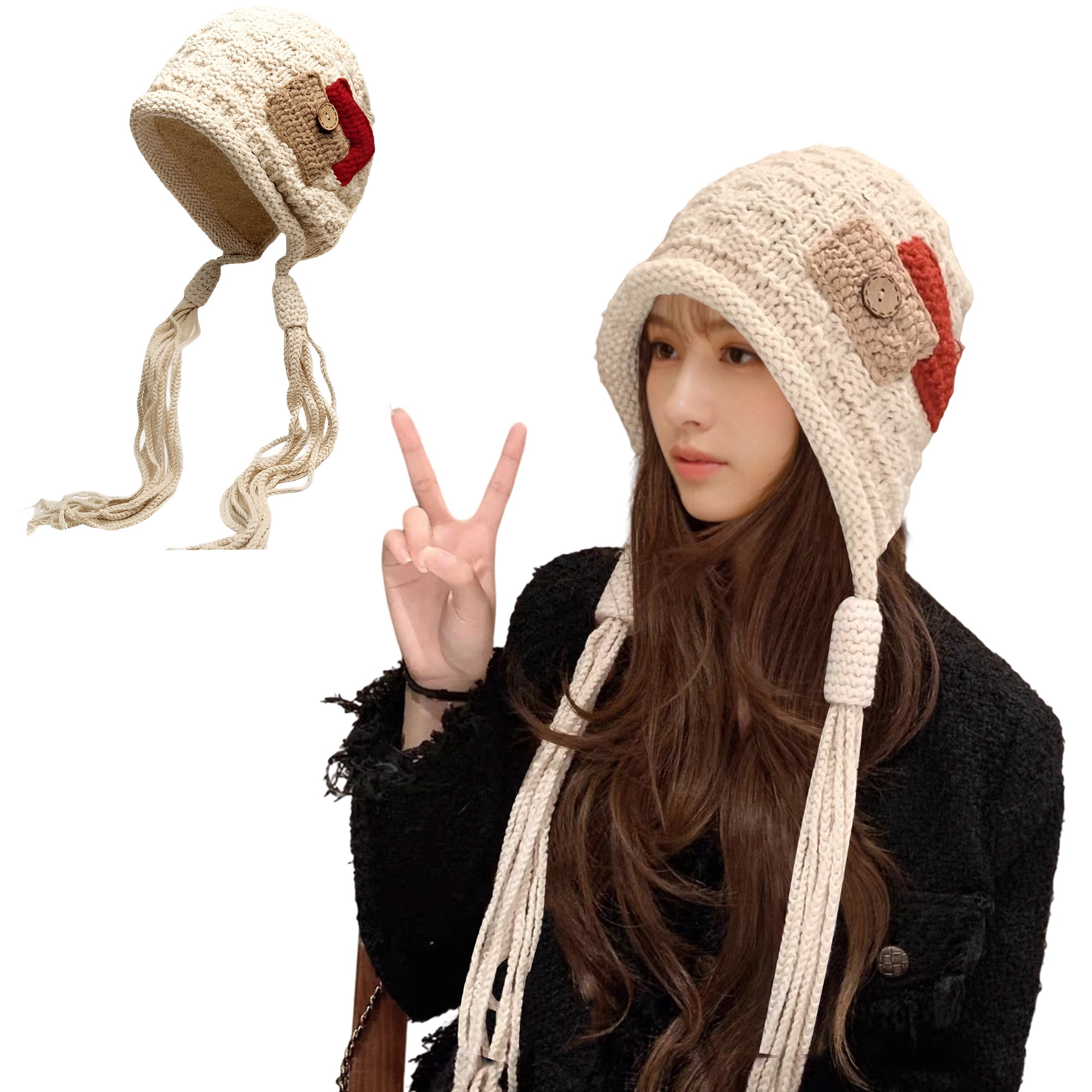 Unique Bargains Beanie Applique Tassel Winter Hat Soft Thick Hats 1 Pc Beige1