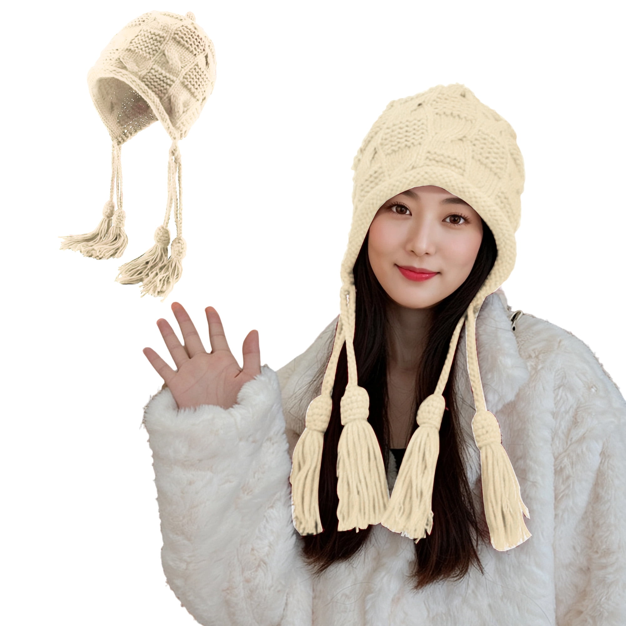 Unique Bargains Beanie Applique Tassel Winter Hat Soft Thick Hats 1 Pc Beige