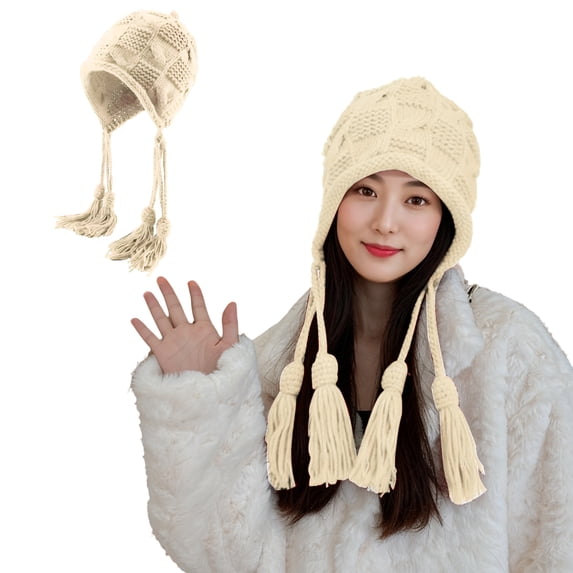 Unique Bargains Beanie Applique Tassel Winter Hat Soft Thick Hats 1 Pc Beige
