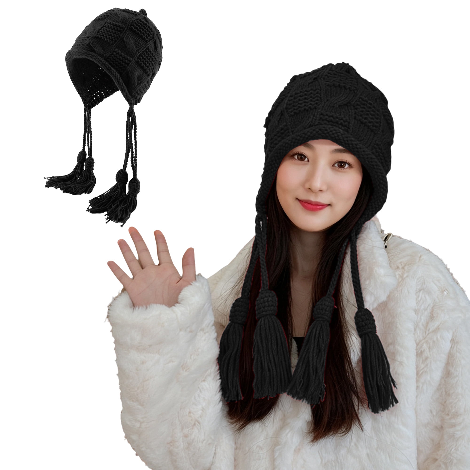 Unique Bargains Beanie Applique Tassel Winter Hat Soft Thick Hats 1 Pc Black