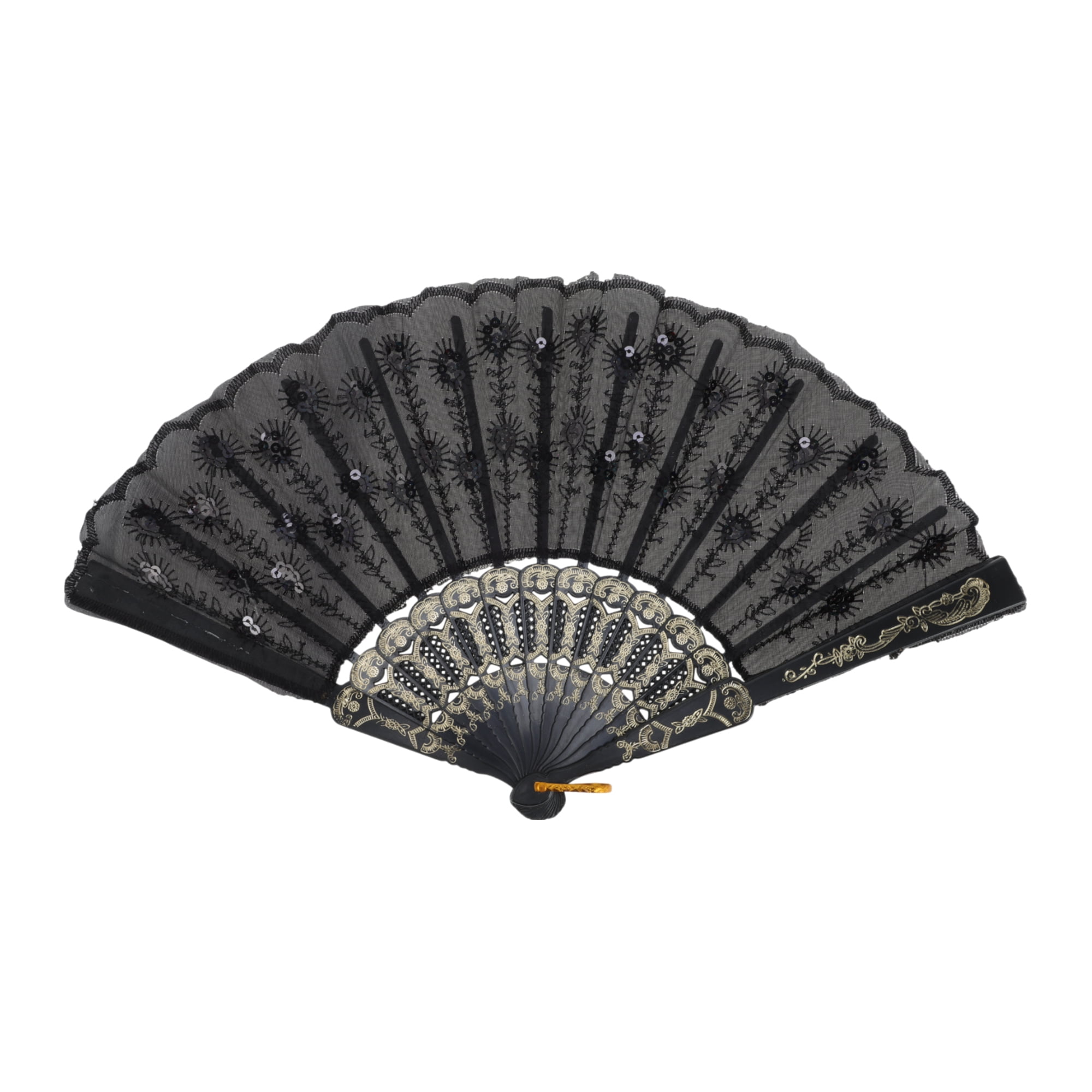 Unique Bargains Beautiful Sequins Folding Fan 1 Pc Black
