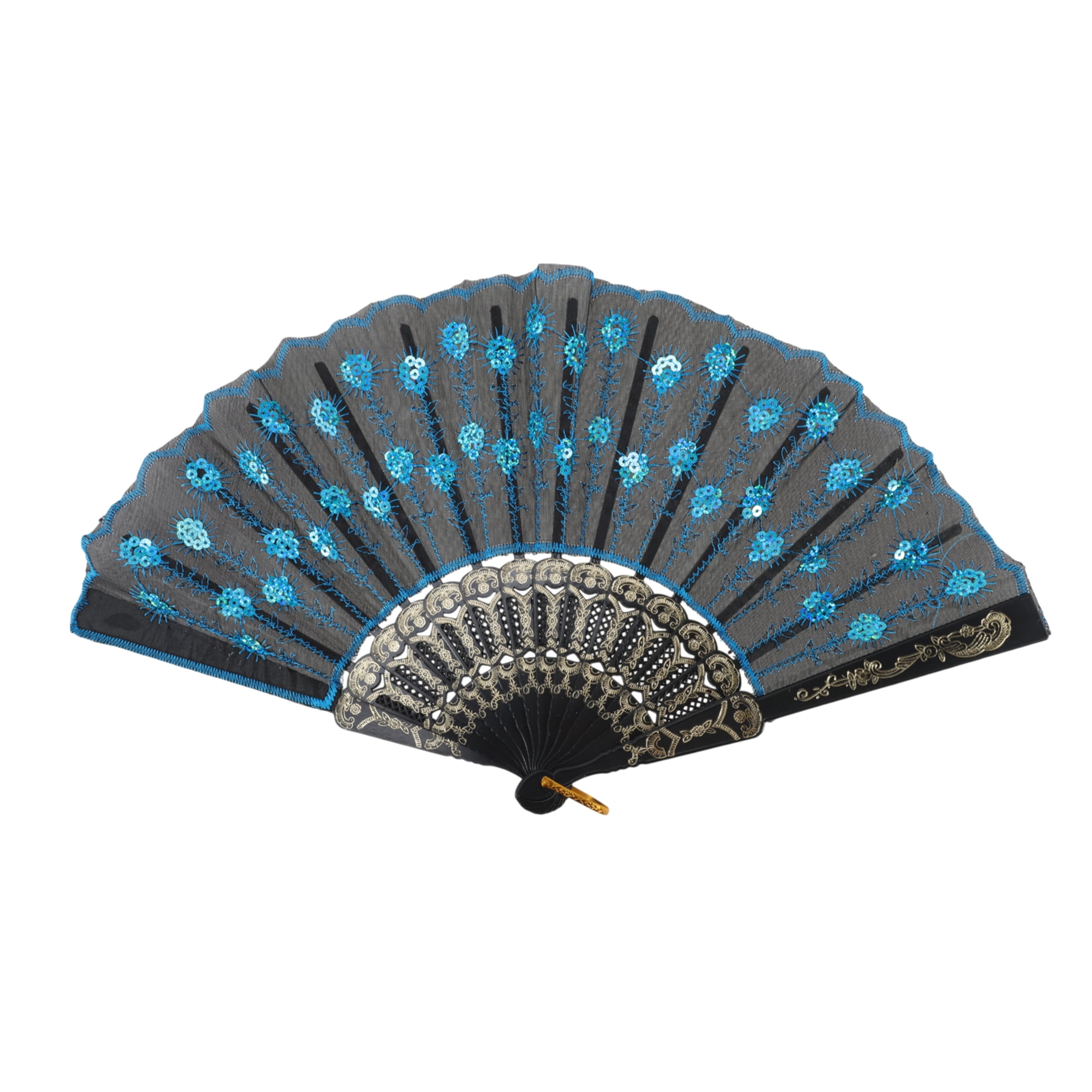 Unique Bargains Beautiful Sequins Folding Fan 1 Pc Brigth Blue