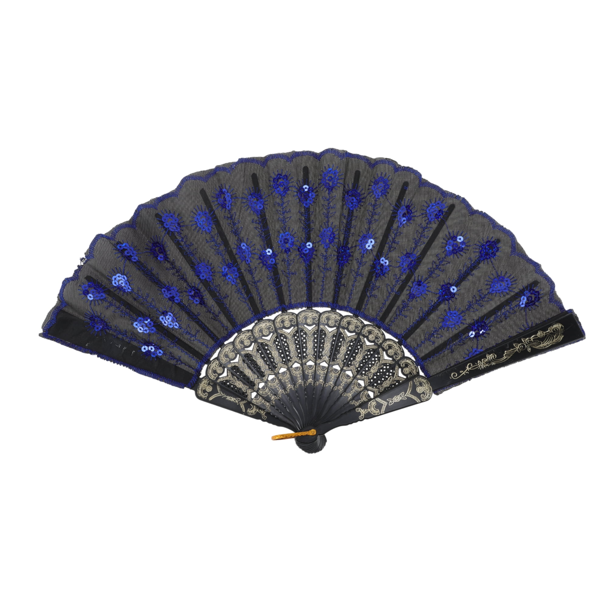 Unique Bargains Beautiful Sequins Folding Fan 1 Pc Dark Blue