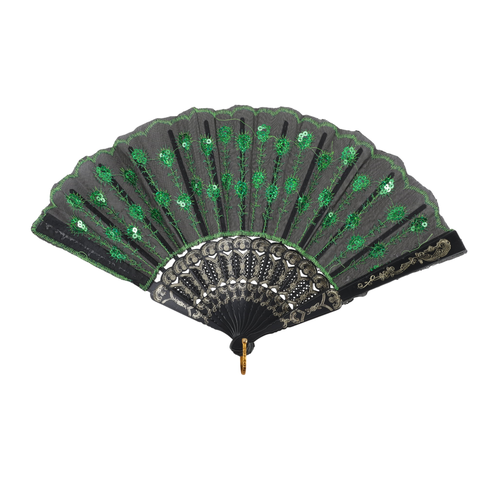 Unique Bargains Beautiful Sequins Folding Fan 1 Pc Green