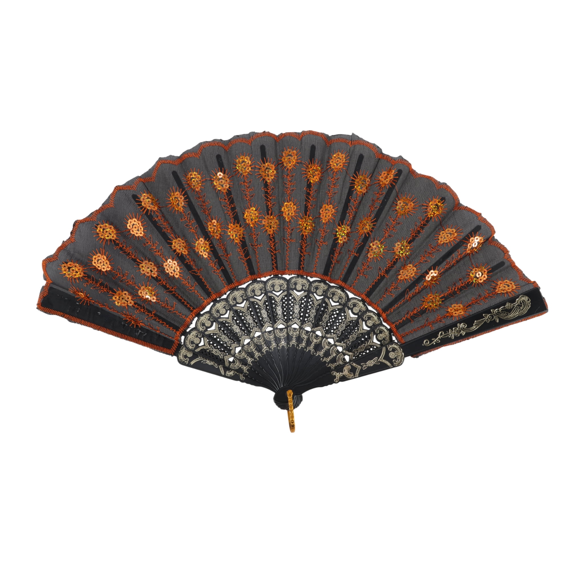 Unique Bargains Beautiful Sequins Folding Fan 1 Pc Orange