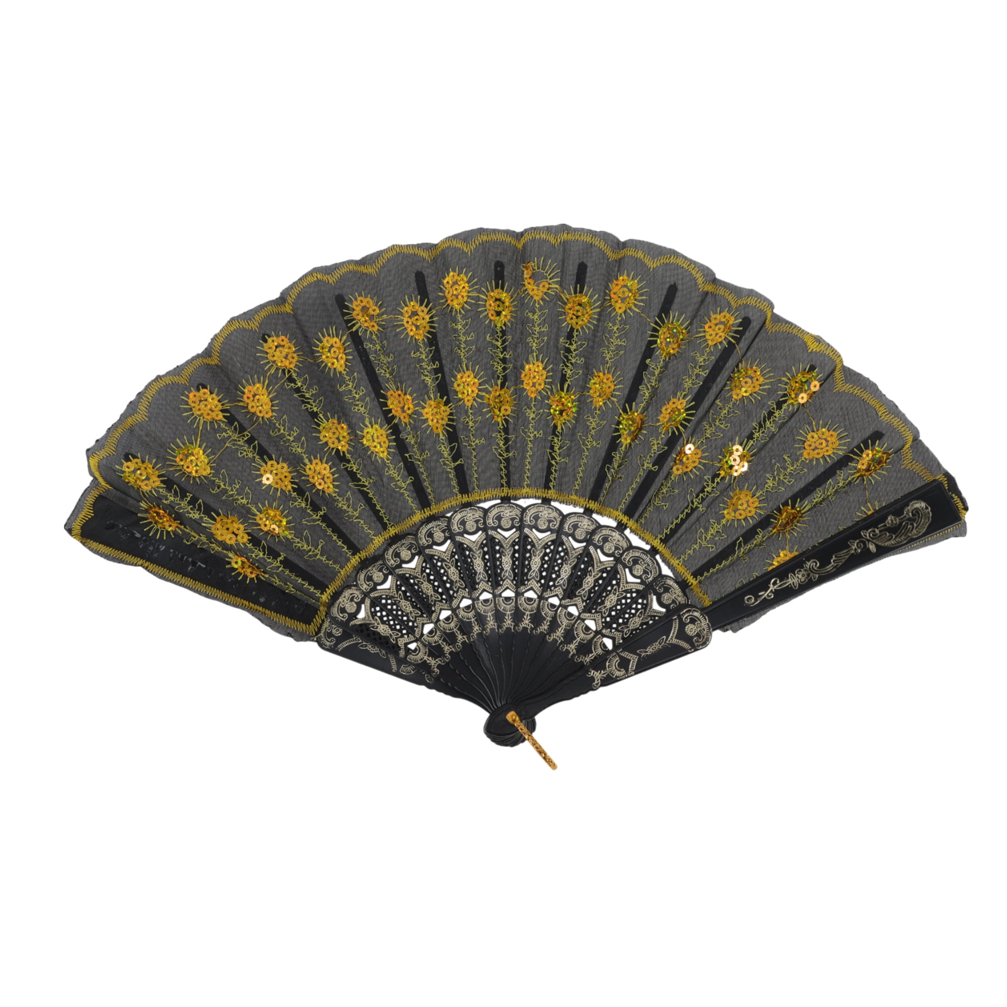 Unique Bargains Beautiful Sequins Folding Fan 1 Pc Yellow