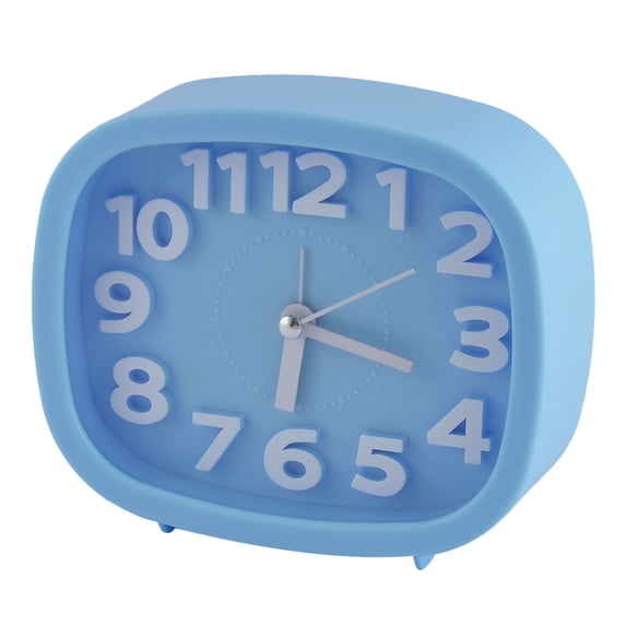 Unique Bargains Household Office Desktop Plastic Oval Silent Battery Powered Arabic Number Alarm Clock Blue