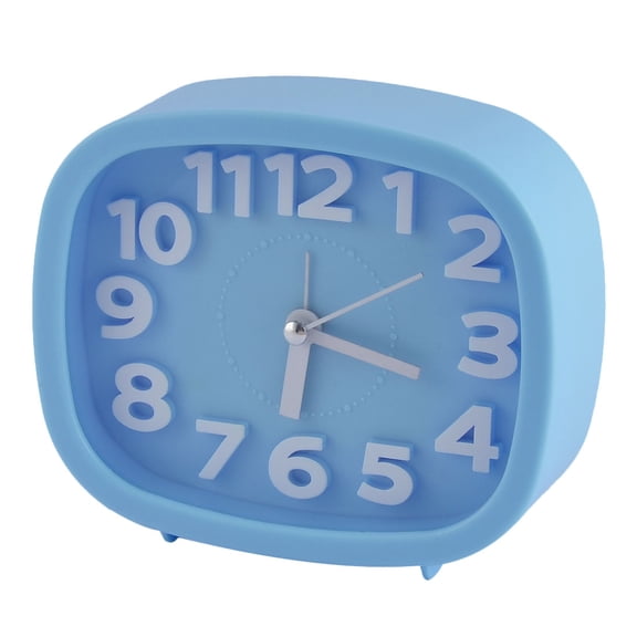 Unique Bargains Household Office Desktop Plastic Oval Silent Battery Powered Arabic Number Alarm Clock Blue