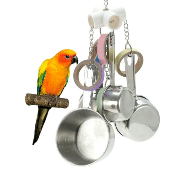 Unique Bargains Bird Parrots Pots and Bagel Toys Stainless Steel Cup and Cardboard Ring Toys Bird Toys Bird Cage Accessories Cage Toys for Cockatiel Parrot