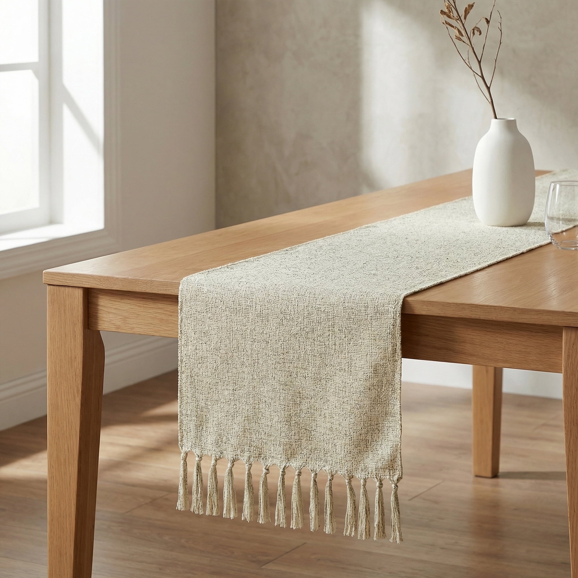 Unique Bargains Birthday Decorations Table Runner with Tassels Beige 13x72in