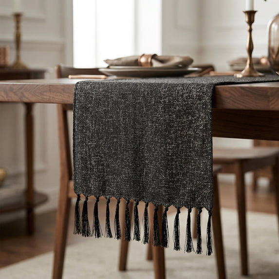 Unique Bargains Birthday Decorations Table Runner with Tassels Black 13x63in