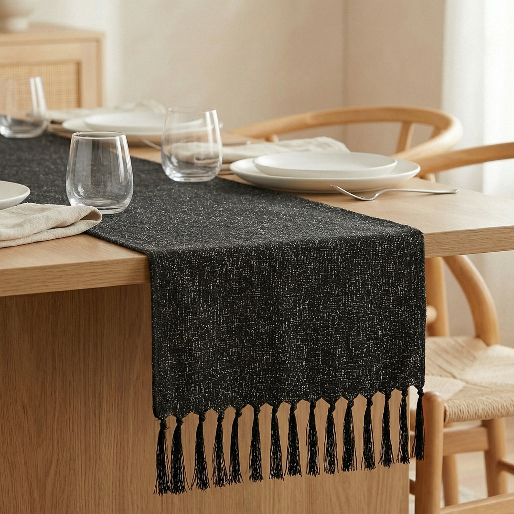 Unique Bargains Birthday Decorations Table Runner with Tassels Black 13x72in