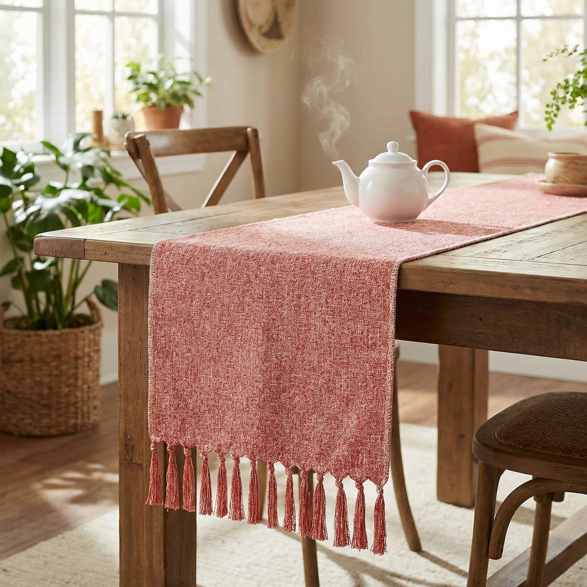 Unique Bargains Birthday Decorations Table Runner with Tassels Pink 13x63in