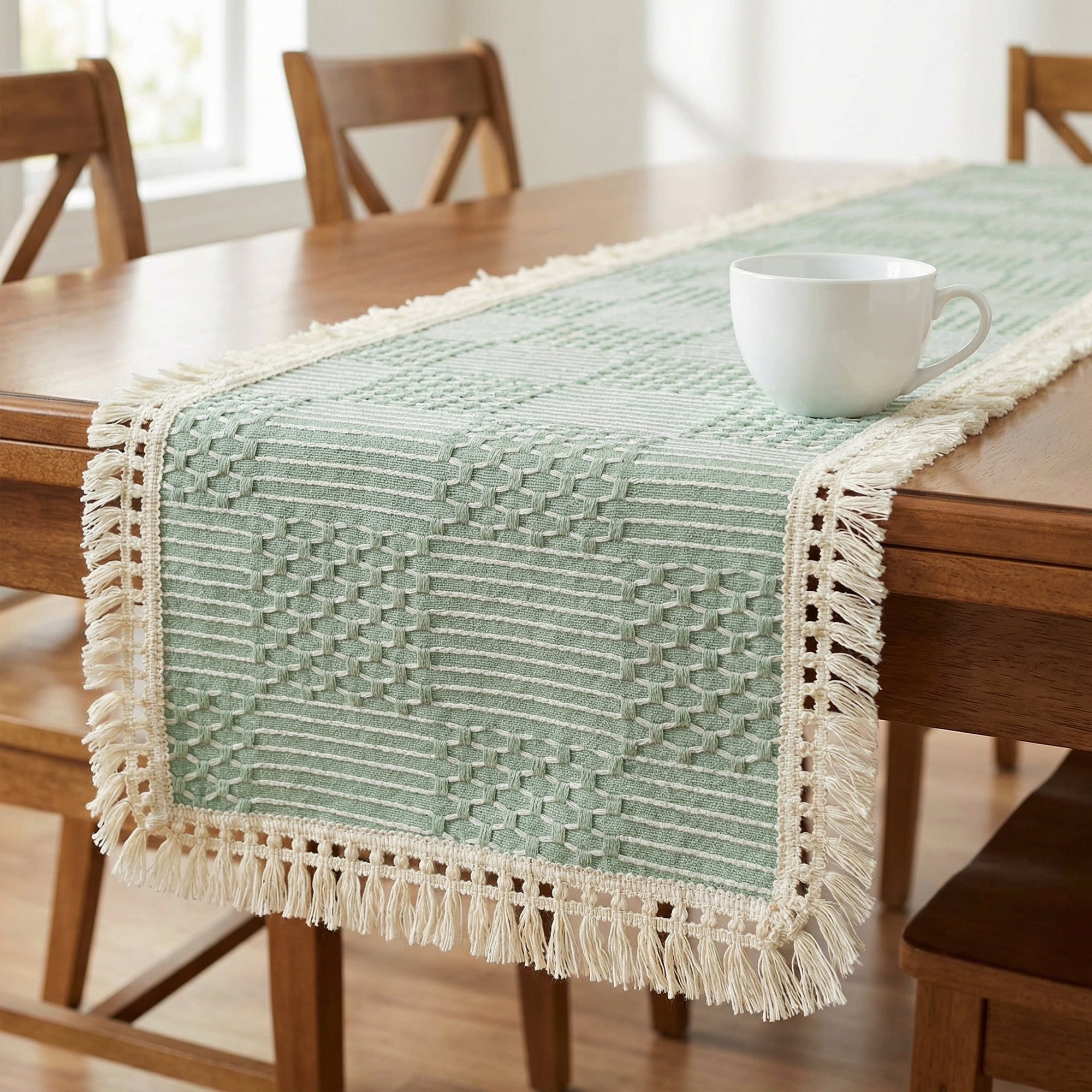 Unique Bargains Birthday Decorations Tassel Kitchen Table Runner Green 13x78.7in