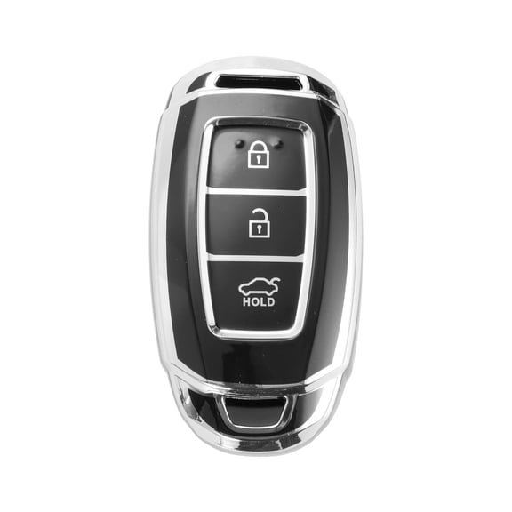 Unique Bargains Black with Silver Tone Edge TPU Silicone Car Key Case for Hyundai i10 - 3 Buttons Remote Control Key Fob Case