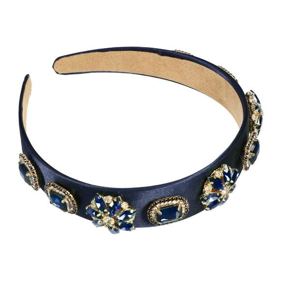 Unique Bargains Bling Vintage Flowers Rhinestone Blue Satin Wide Edge Headband for Women, 5.12"x1.18", 1Pcs