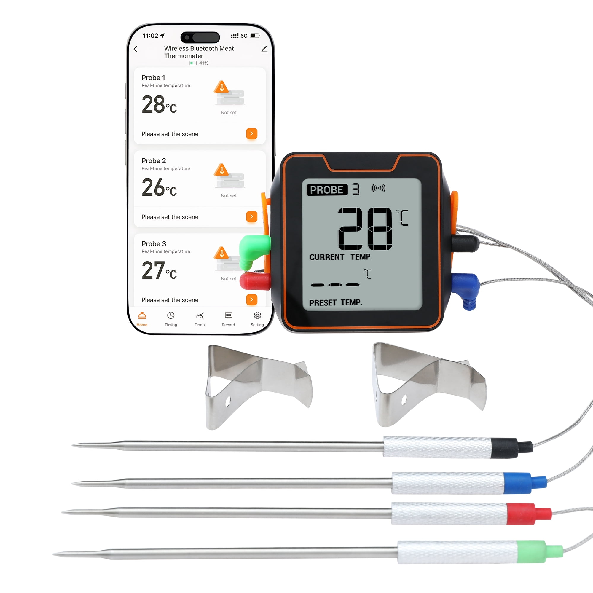 Unique Bargains Bluetooth Wireless Meat Instant Read Food Thermometer Black 4-pIn
