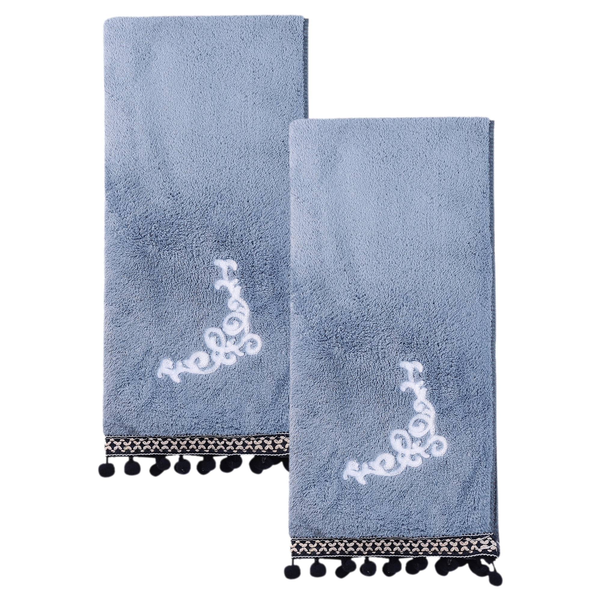 Unique Bargains Boho Embroidery Coral Fleece Hand Towels Blue 2pk