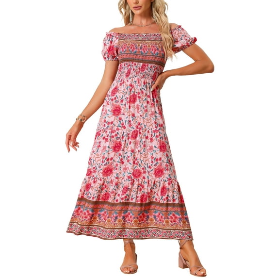 Unique Bargains Boho Floral Dress for Women's Square Neck Midi Smocked Dresses M Pink