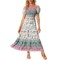 thumbnail image 1 of Unique Bargains Boho Floral Dress for Women's Square Neck Midi Smocked Dresses XL Light Blue, 1 of 6