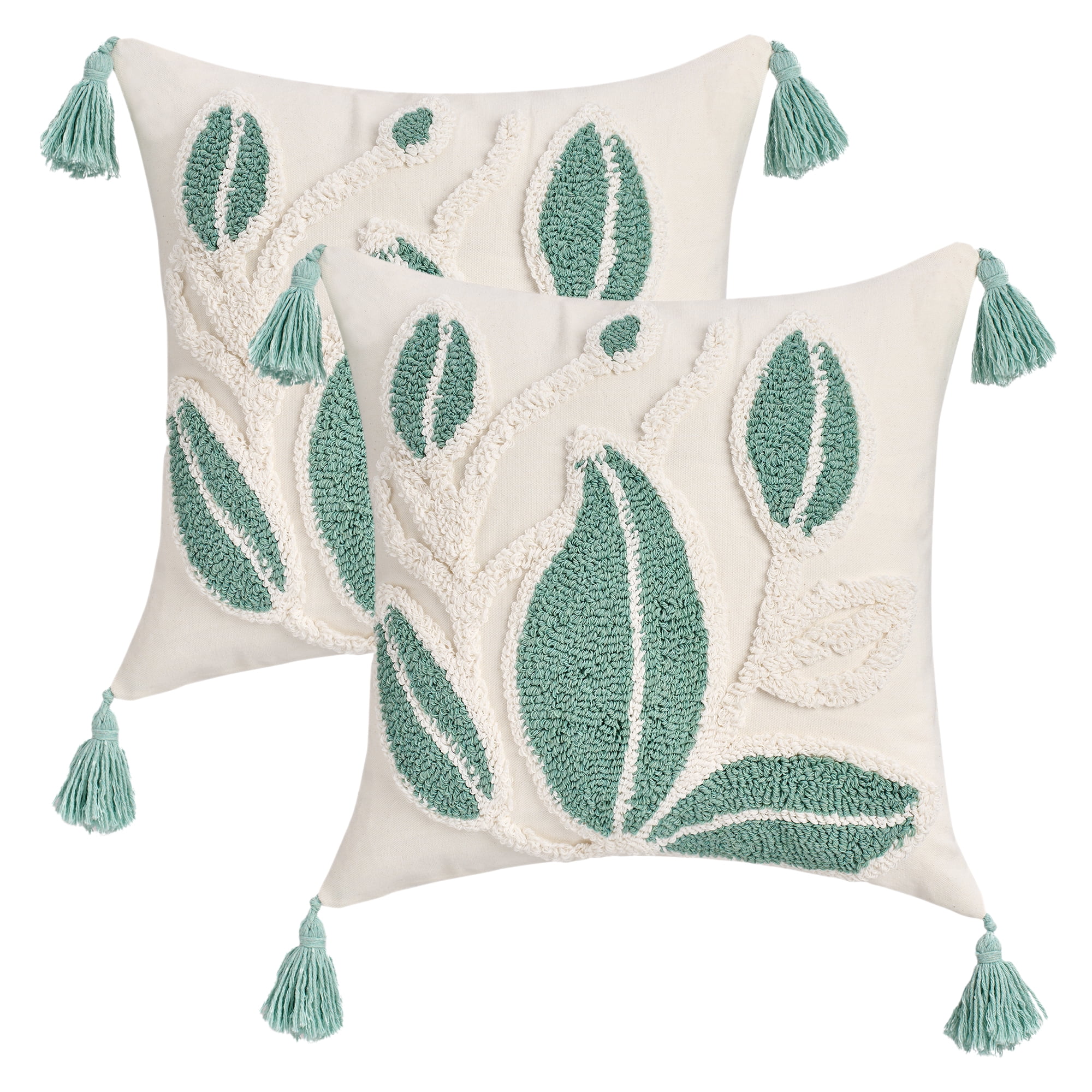 Unique Bargains Boho Pillow Cover with Tassels Set of 2 Green Big Leaves 18" x 18"
