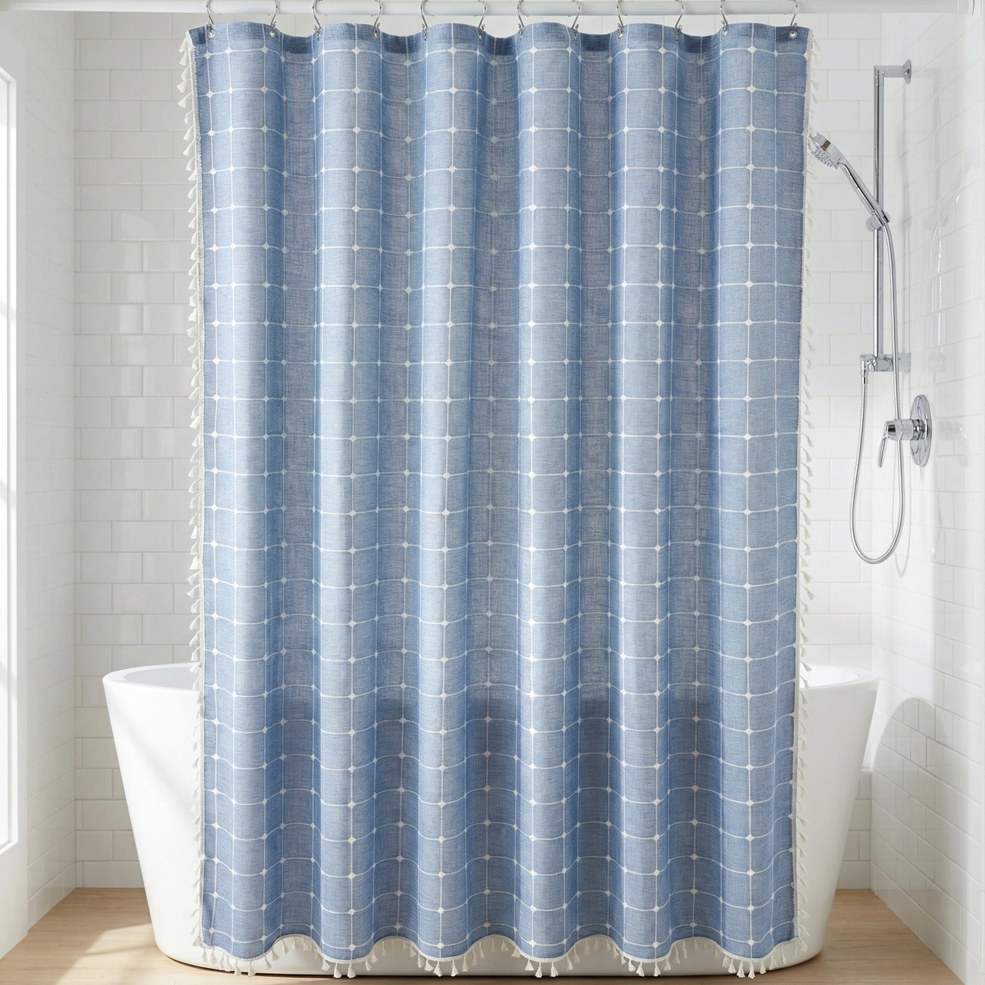 Unique Bargains Boho Plaid Blend Shower Curtain Sets with Hooks Blue 72"W x 72"L