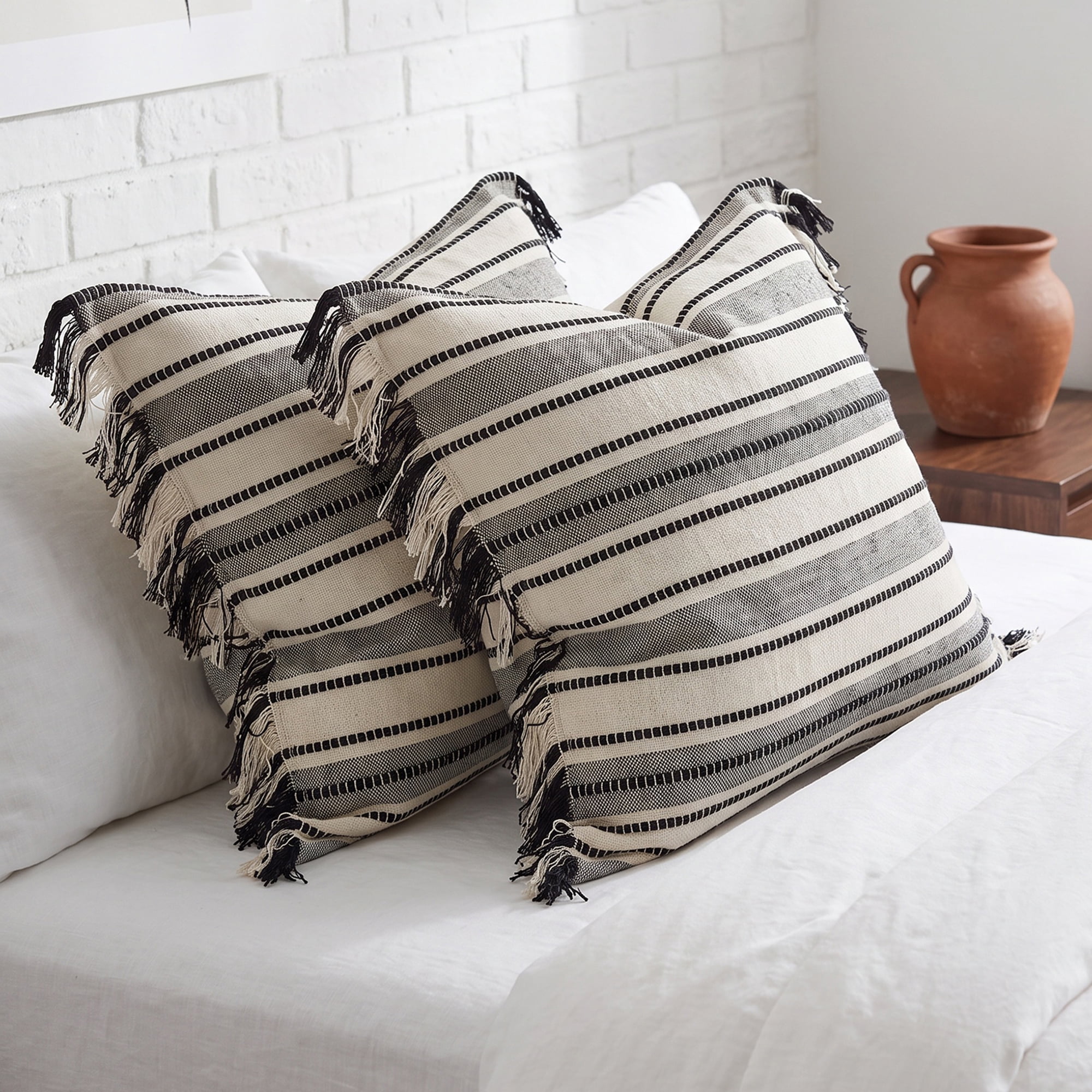 Unique Bargains Boho Stripe Throw Pillow Covers 2 Pack Tassel Cushion Cases Black 18"x18"