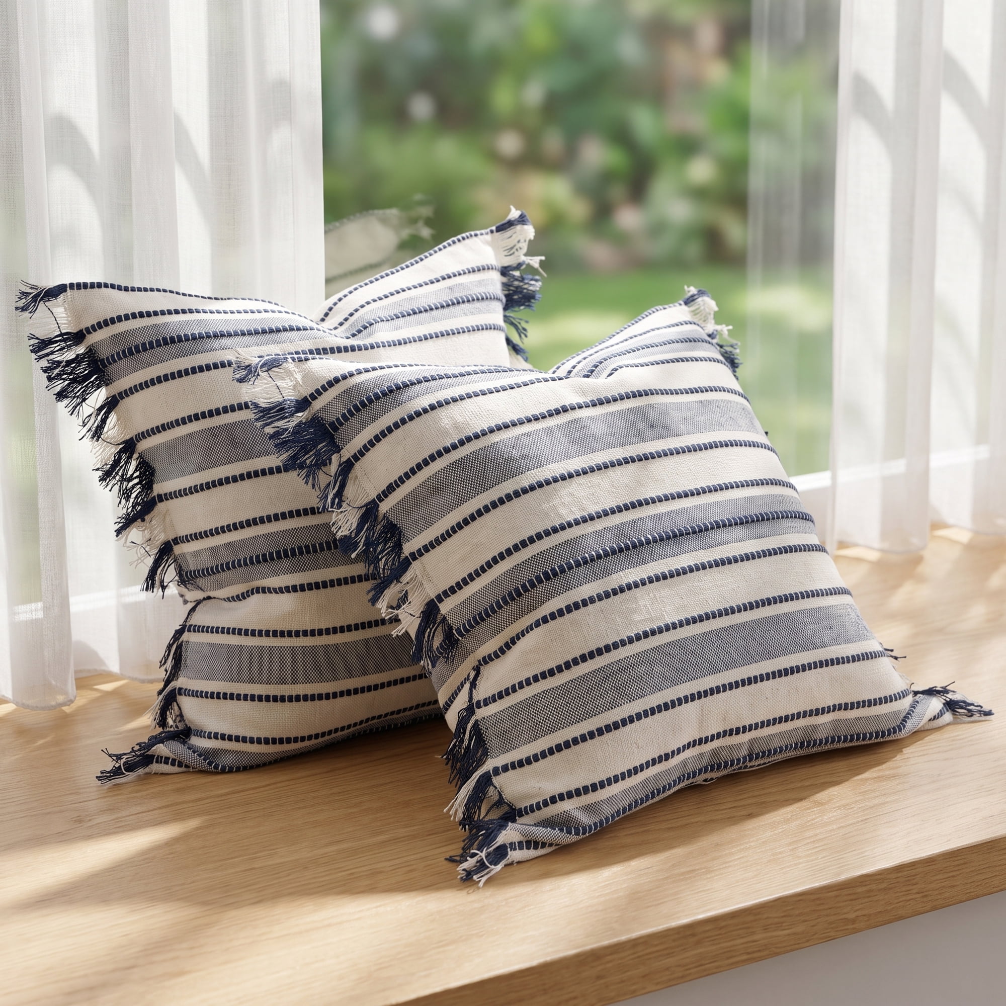 Unique Bargains Boho Stripe Throw Pillow Covers 2 Pack Tassel Cushion Cases Blue 18"x18"