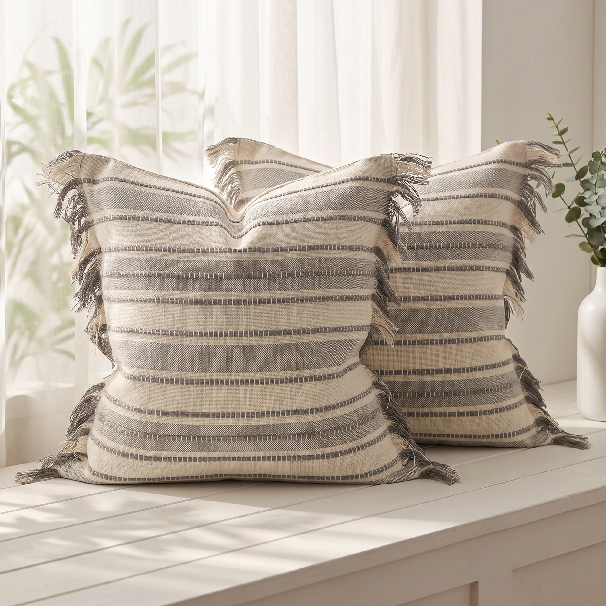 Unique Bargains Boho Stripe Throw Pillow Covers 2 Pack Tassel Cushion Cases Grey 18"x18"