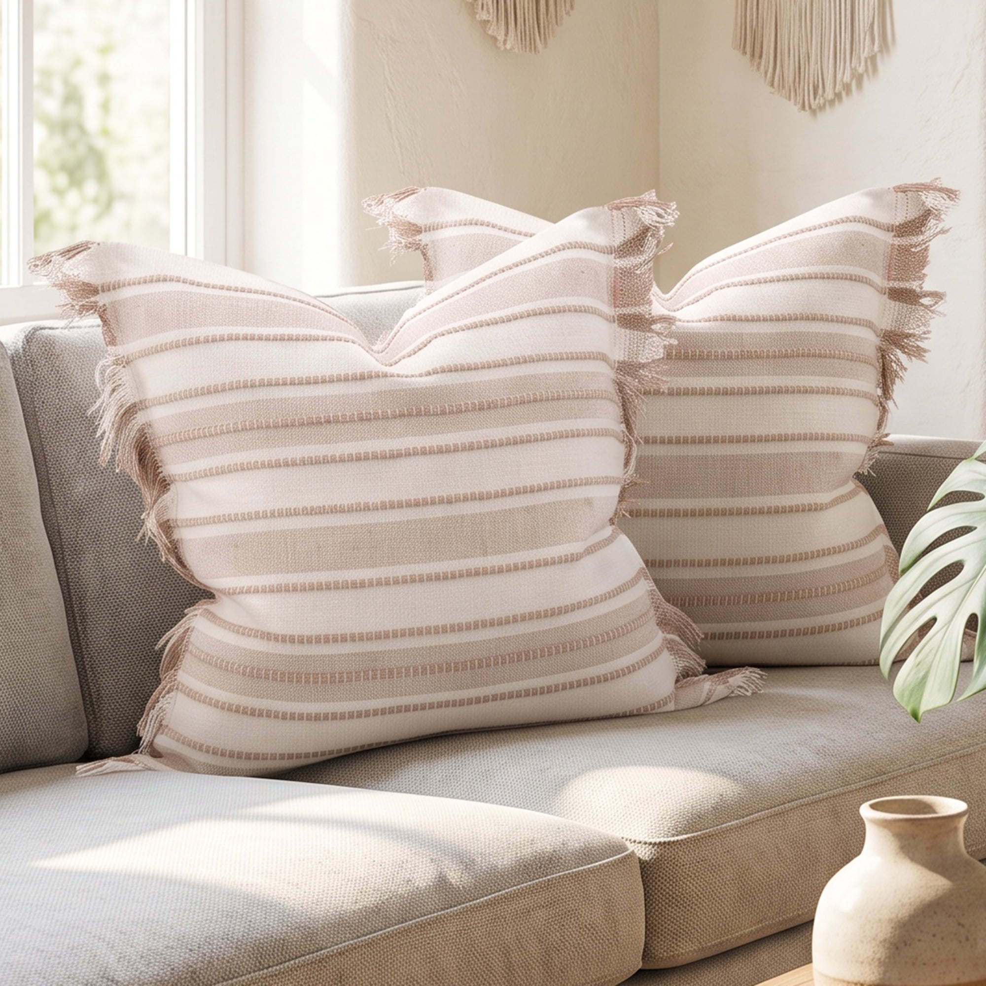 Unique Bargains Boho Stripe Throw Pillow Covers 2 Pack Tassel Cushion Cases Khaki 18"x18"