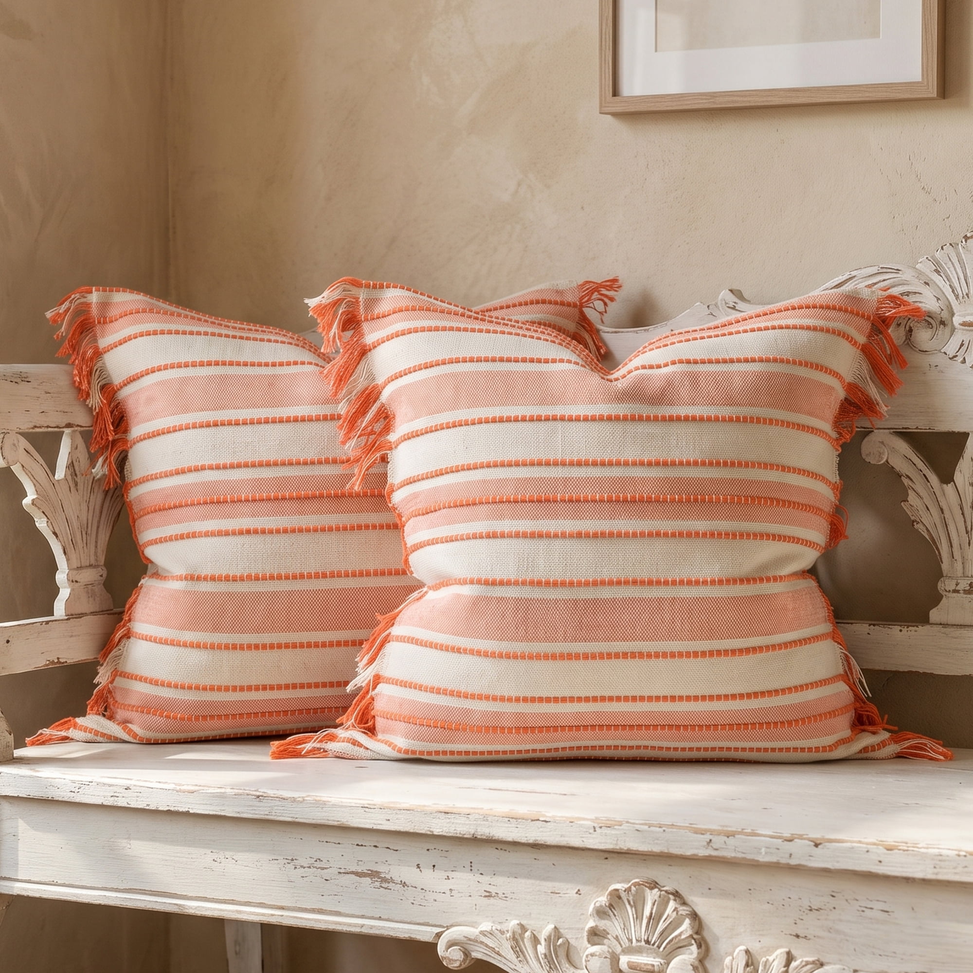 Unique Bargains Boho Stripe Throw Pillow Covers 2 Pack Tassel Cushion Cases Orange 18"x18"