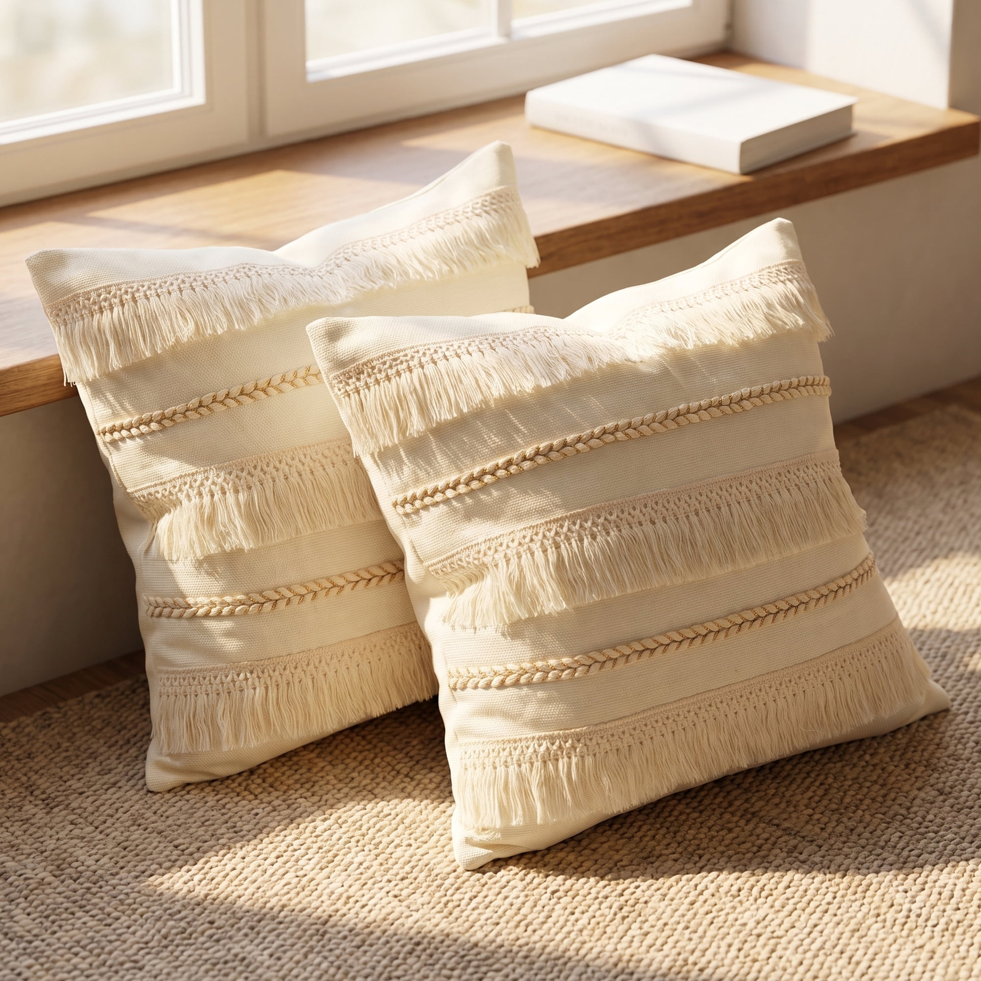 Unique Bargains Boho Throw Pillow Covers 2 Pack Cushion Cases for Home Beige 18"x18"