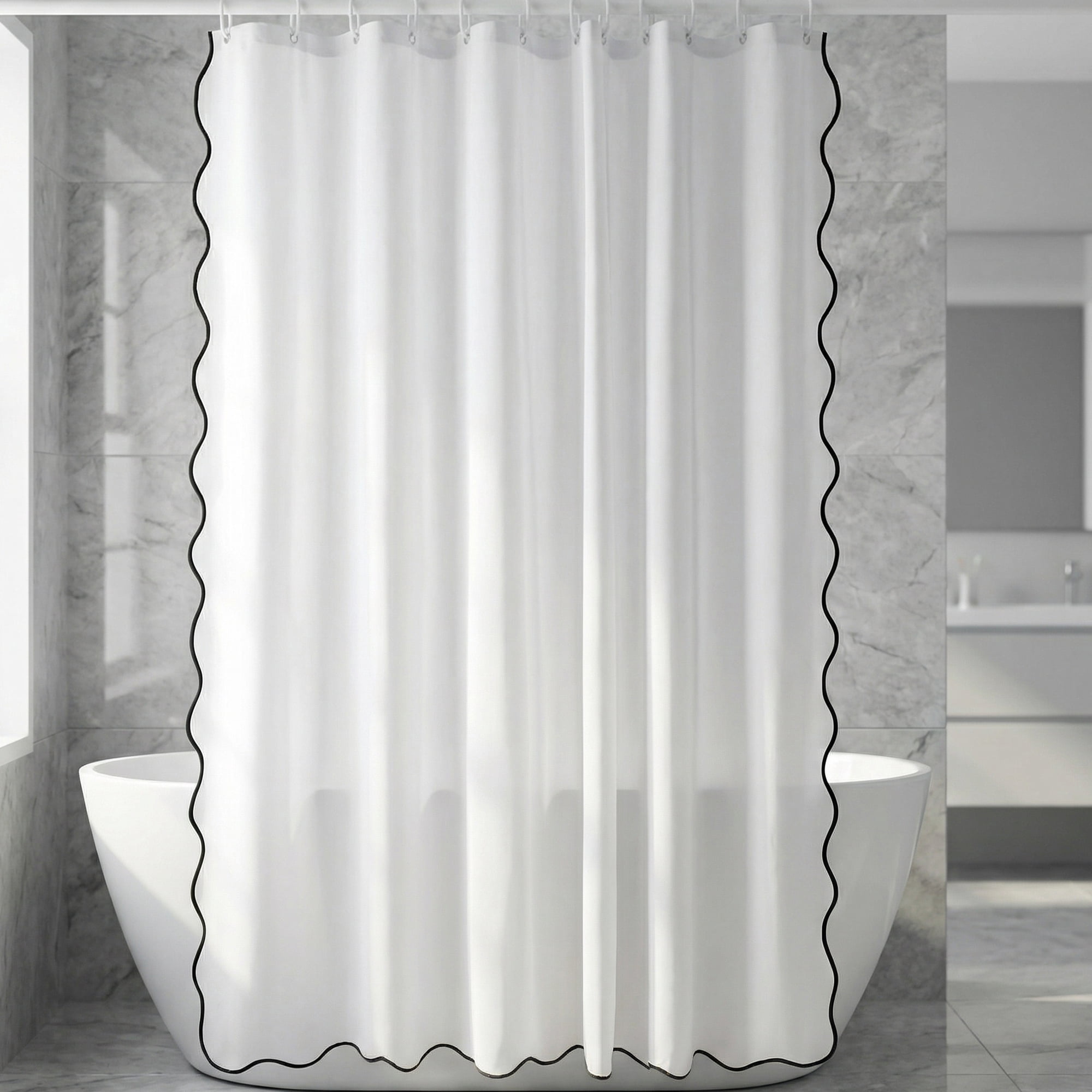 Unique Bargains Boho Wavy Trim Shower Curtain Sets with 12 Hooks White 72"W x 72"L