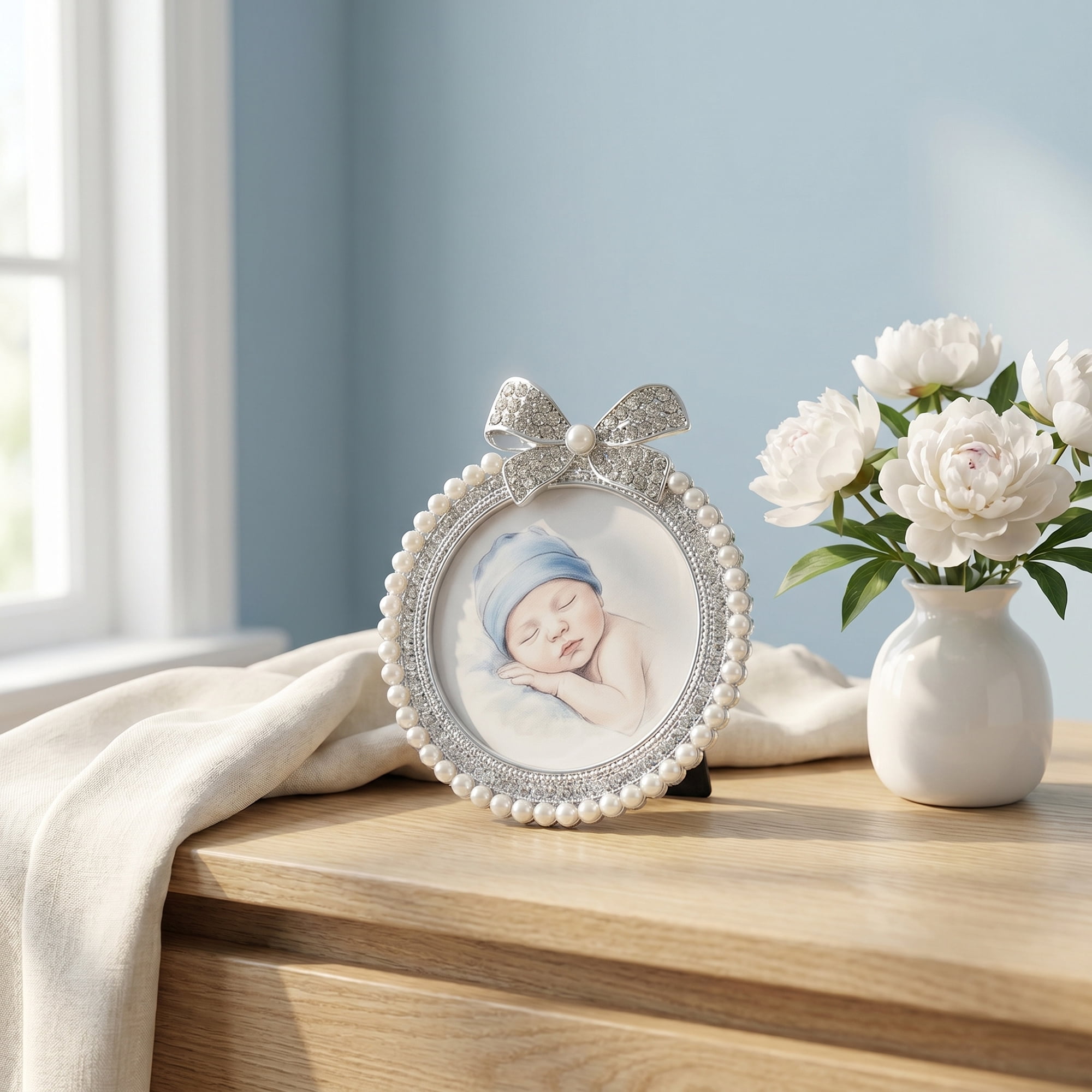 Unique Bargains Bow Cute Pearl Photo Frame with HD Glass Silver White 2.95"x 2.95"