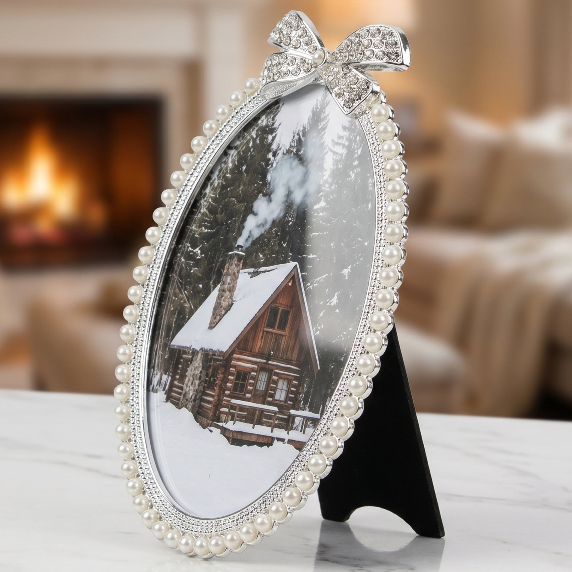 Unique Bargains Bow Cute Pearl Photo Frame with HD Glass Silver White 3.94"x 5.91"