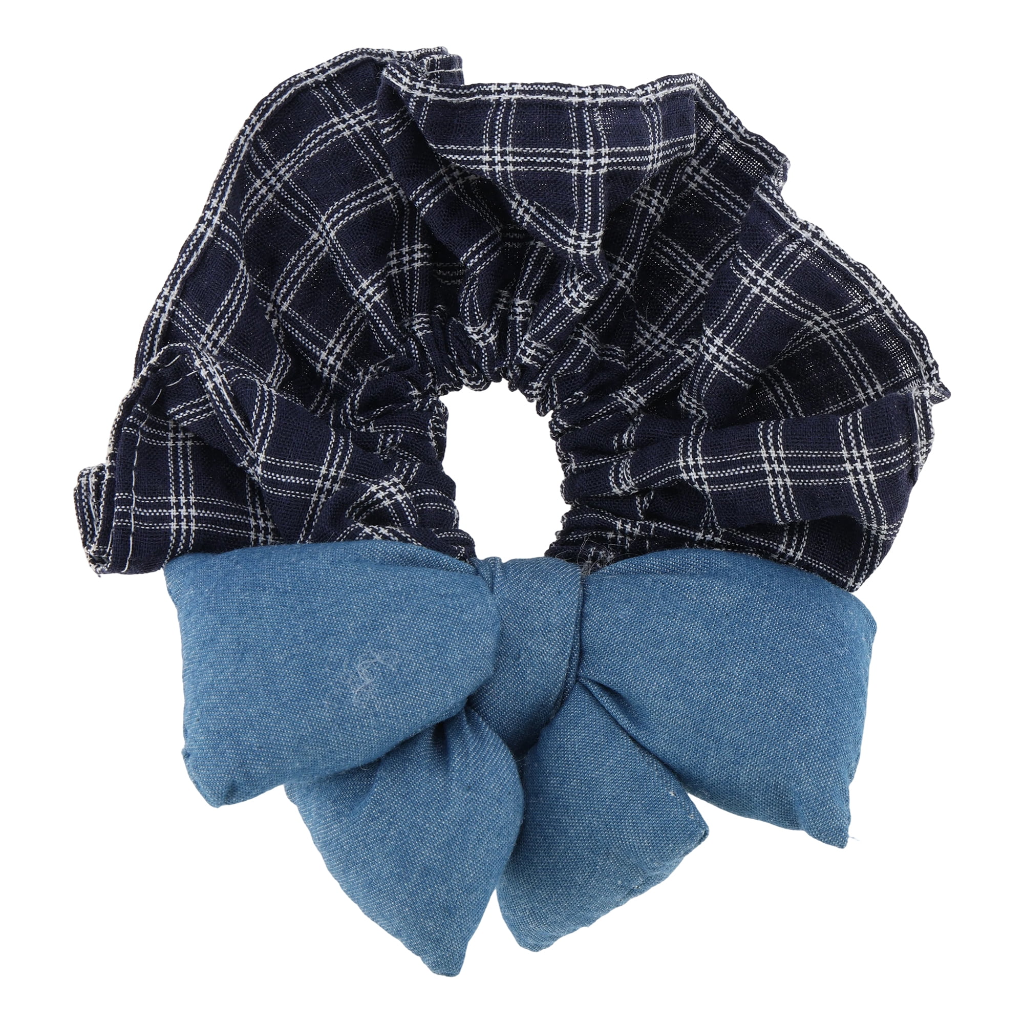 Unique Bargains Bow Denim Hair Ties Fashionable Daily Use Blue Dark Plaid