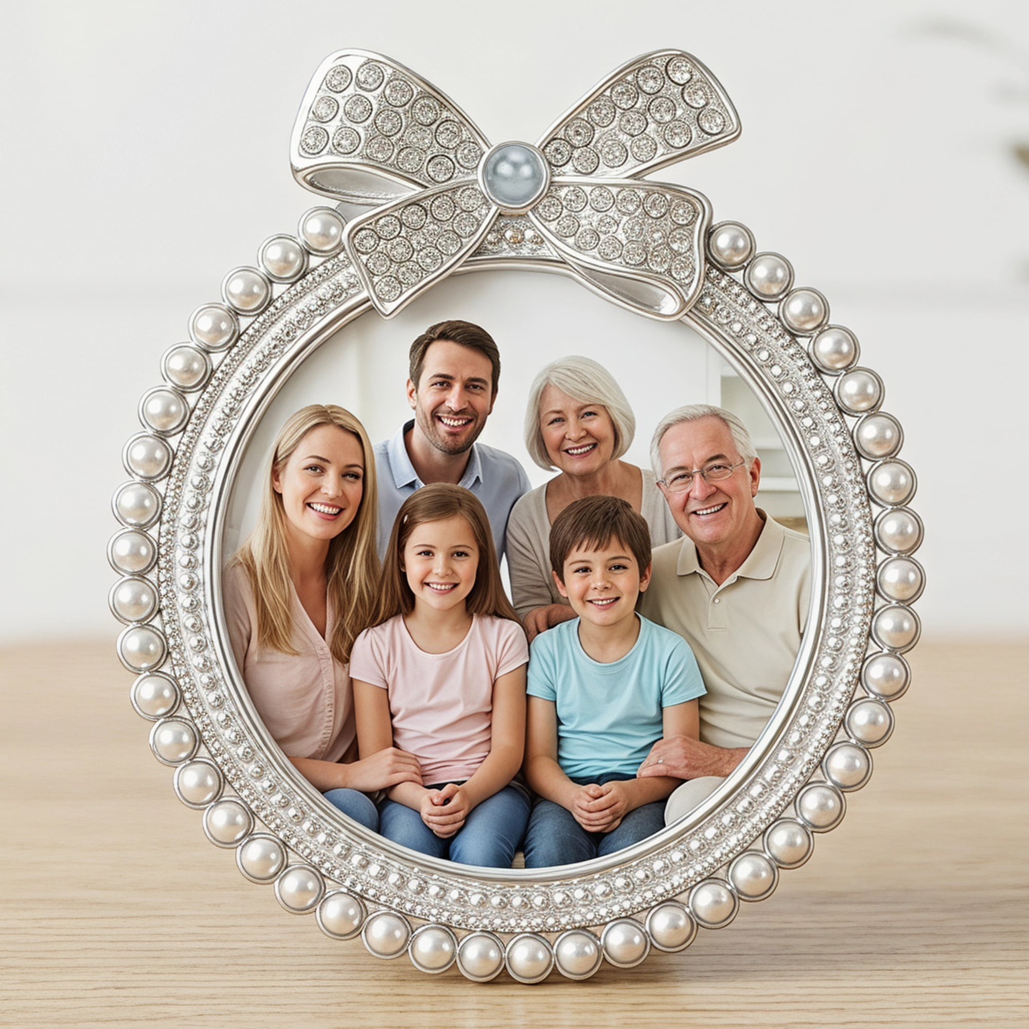 Unique Bargains Bow Picture Frame Cute Pearl Photo Frame with HD Glass Gray 2.95"x 2.95"