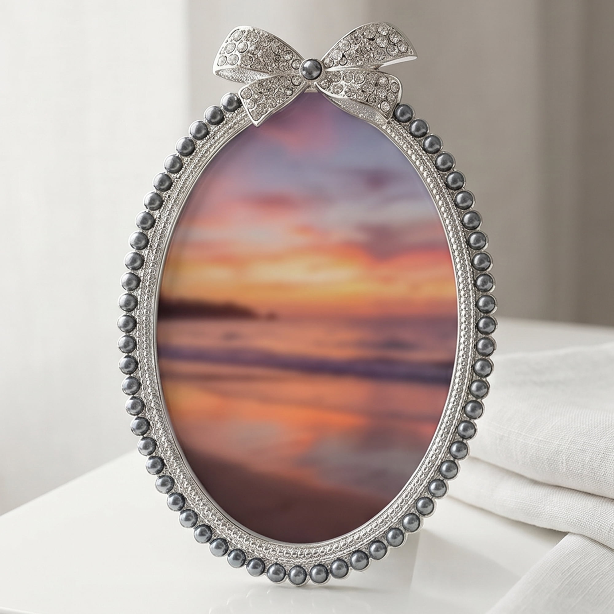 Unique Bargains Bow Picture Frame Cute Pearl Photo Frame with HD Glass Gray 5.12"x 7.09"