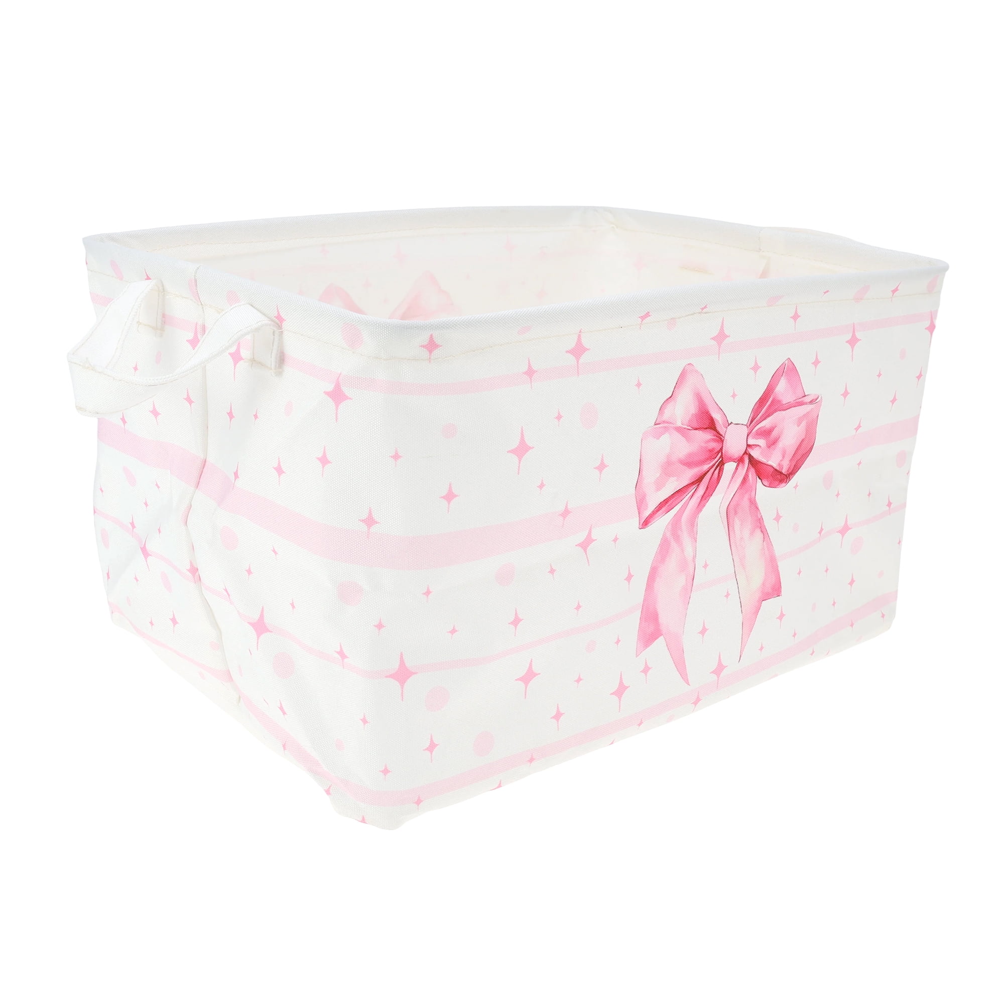 Unique Bargains Bow Print Storage Basket 14.9x10.2x8.6in 1 Pc Light Pink, White