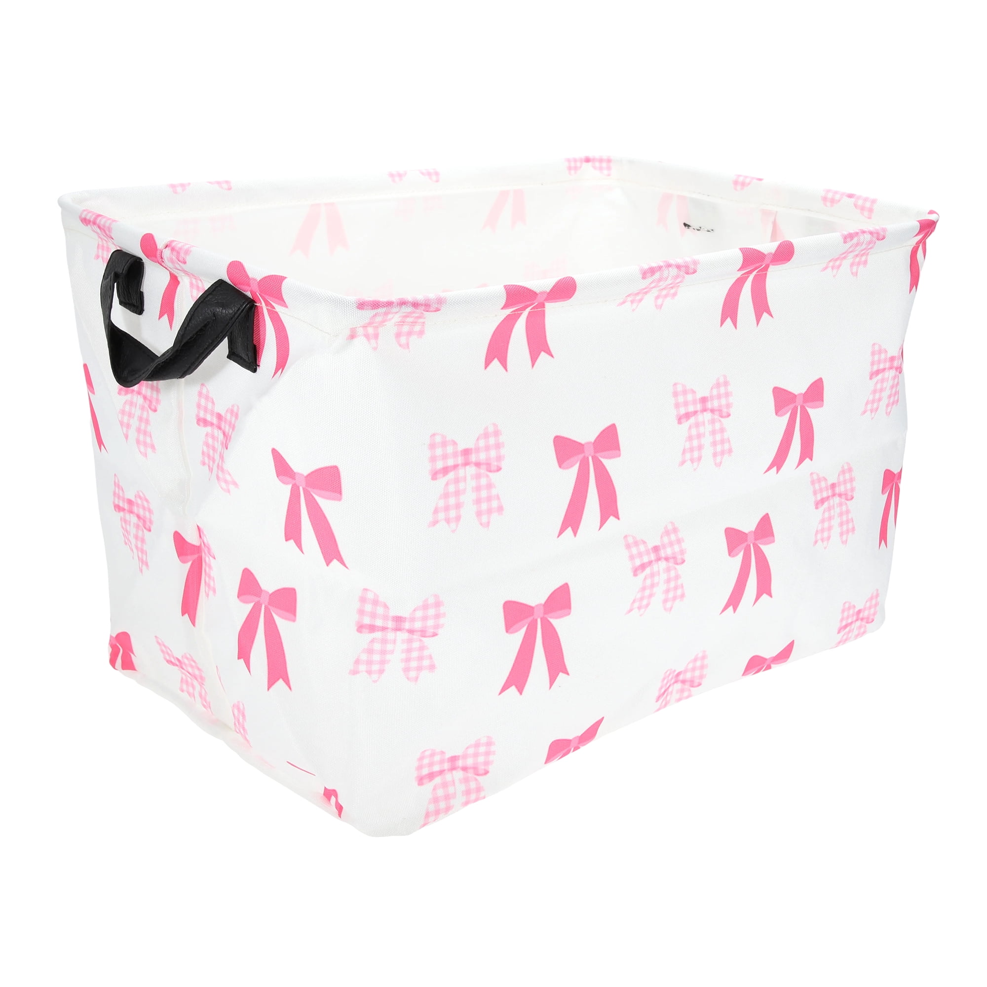 Unique Bargains Bow Print Storage Basket with Handles 14.9x10.2x8.6in 1 Pc Pink, White