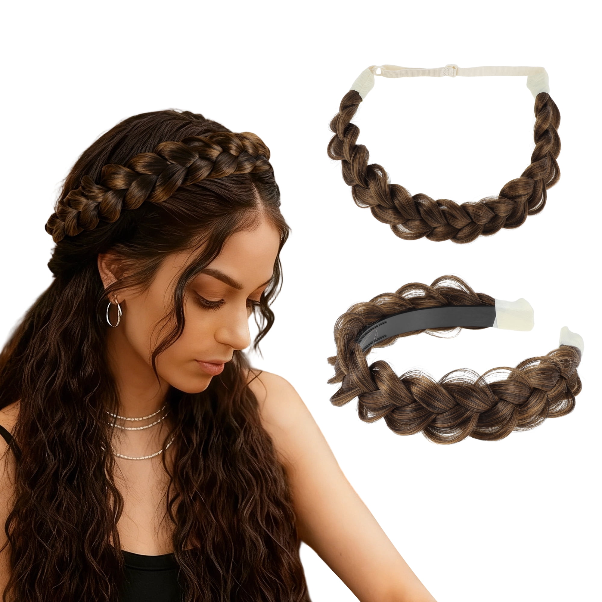 Unique Bargains Braided Hairpiece Elastic Band for Various Looks 1 Set Brown