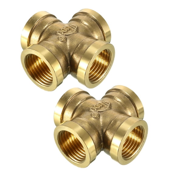 Unique Bargains Brass Cross Pipe Fitting 1/2 PT Female Thread 4 Way Connector Coupler 2 Pcs