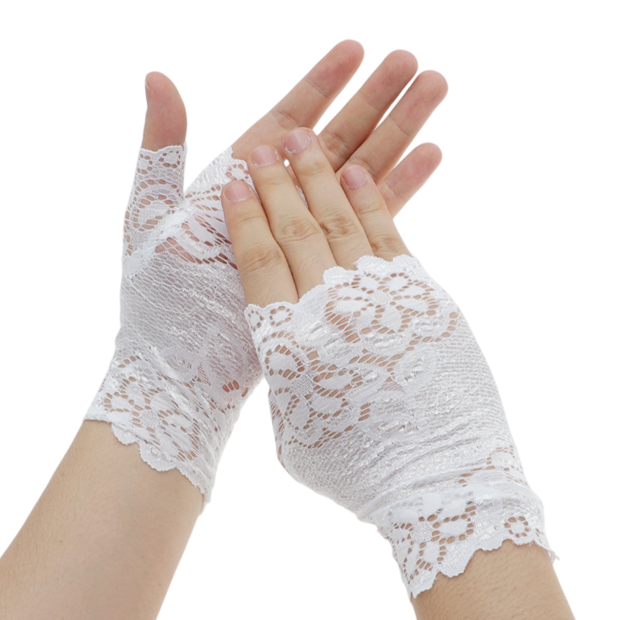 Unique Bargains Breathable Flower Half Finger Manicure Gloves 1 Pair White